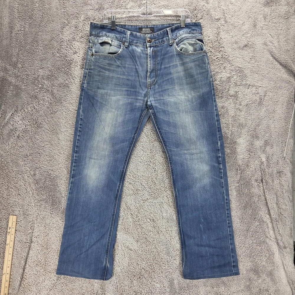 Diesel Jeans Mens 34x32 Blue Regular Straight Distressed Zip Fly Altered Hem